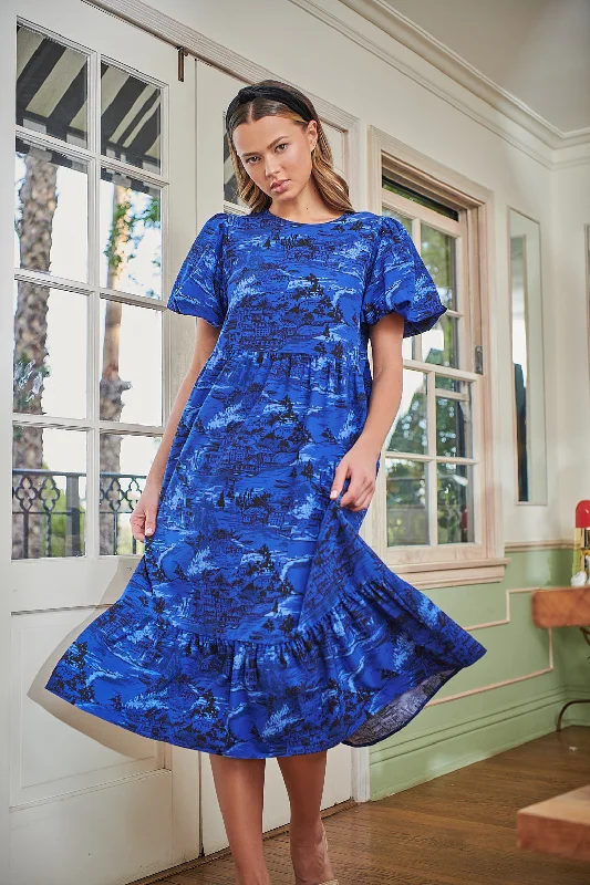 City Swiss Papillon Puff Sleeve Midi Dress Fashionable High-Low Midi Dress
