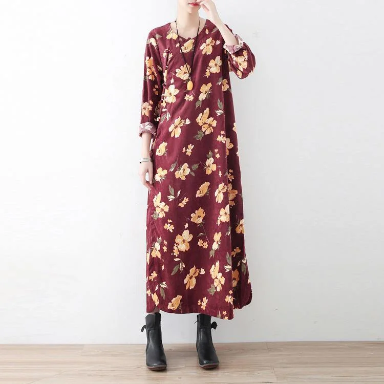 Classy cotton clothes For Women Korea O neck Chinese Button Neckline burgundy print Maxi Dresses Comfortable Fitted Maxi Dress