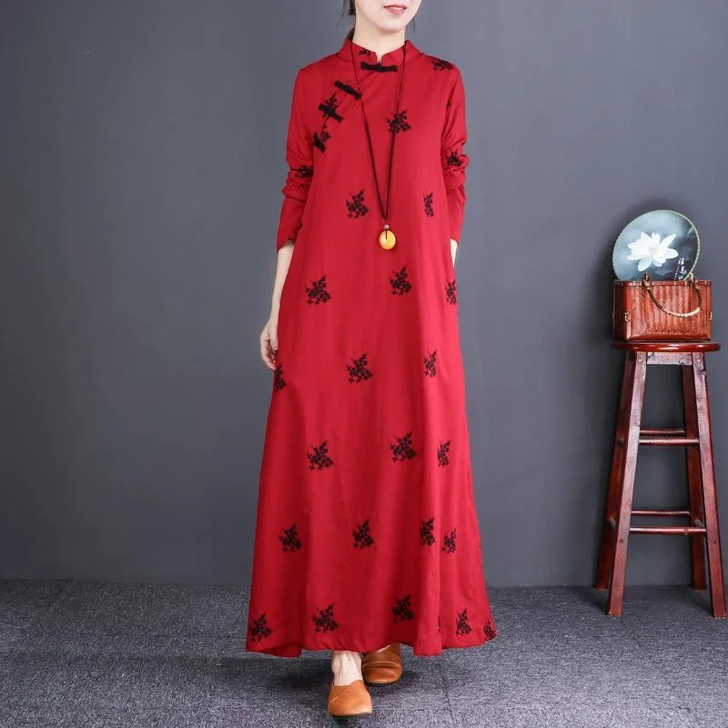 Classy red print cotton clothes Fitted Runway stand collar Chinese Button Maxi Dress Trendy Maxi Dress with Bow