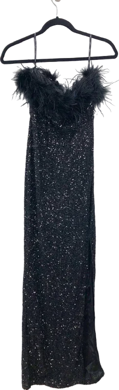 Club L London Black Feather Trim Sequin Maxi Dress UK 6 Stylish Longline Maxi Dress