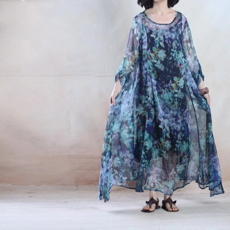 Colorful world blue chiffon maxi dress floral sundress holiday dresses Chic Sleeveless Maxi Dress