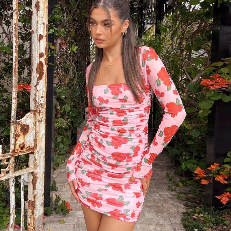 Flower Print Pleated Bodycon Bandage Spring Summer Nightclub Sexy Party Mini Dress Comfortable Bodycon Mini Dress Flower Print Pleated Bodycon Bandage Spring Summer Nightclub Sexy Party Mini Dress Comfortable Bodycon Mini Dress