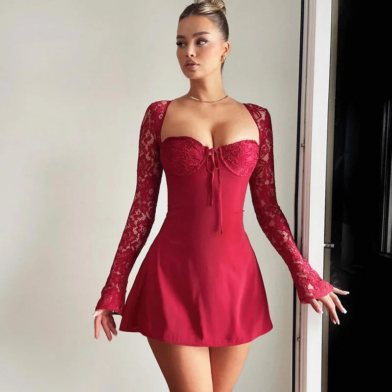 Lace Patchwork Waist Wrap A-line Autumn Winter Backless Nightclub Party Mini Dress Fashionable Lace Mini Dress Lace Patchwork Waist Wrap A-line Autumn Winter Backless Nightclub Party Mini Dress Fashionable Lace Mini Dress