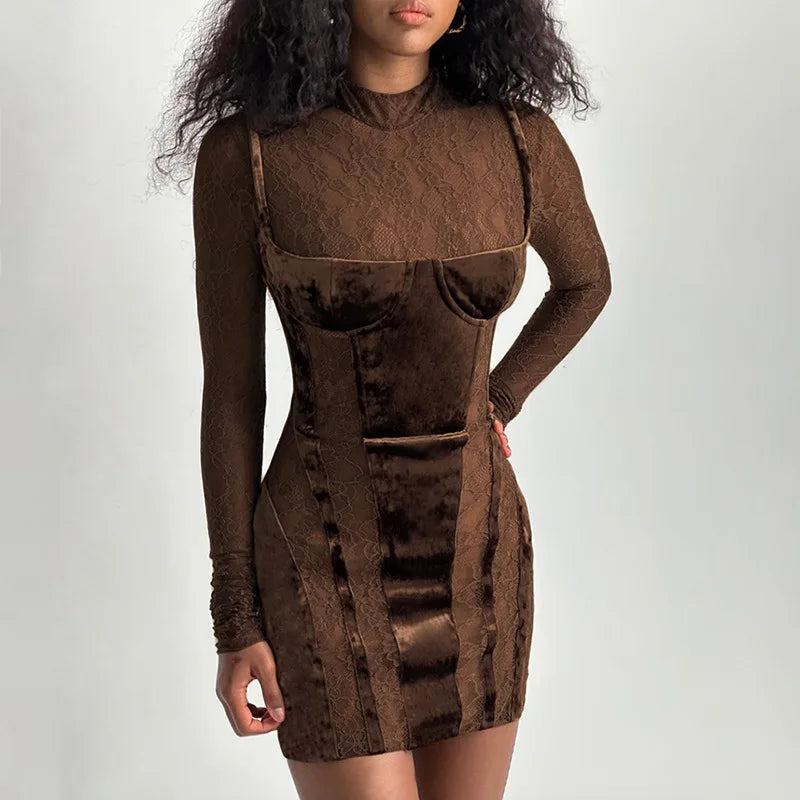 Lace Patchwork Slim Bodycon Autumn Winter Nightclub Sexy Party Mini Dress Trendy Crossover Mini Dress Lace Patchwork Slim Bodycon Autumn Winter Nightclub Sexy Party Mini Dress Trendy Crossover Mini Dress