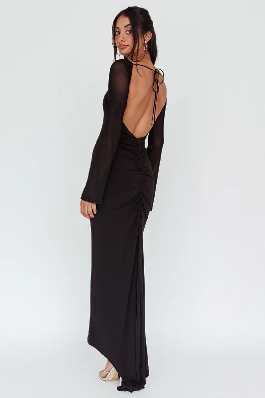 Crystal Ball Open Back Ruched Maxi Dress Black Comfortable Fit-and-Flare Maxi Dress