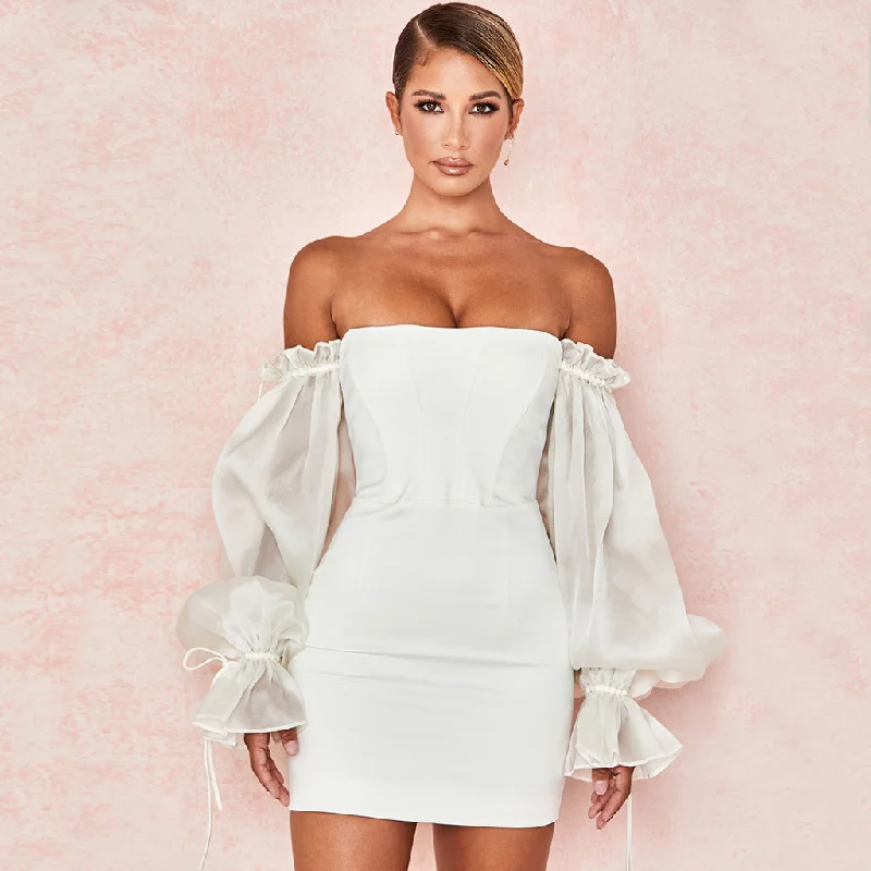 BerryBetty - Cute Off Shoulder Puff Sleeve Bodycon Party Mini Dress - White Chic Tropical Mini Dress BerryBetty - Cute Off Shoulder Puff Sleeve Bodycon Party Mini Dress - White Chic Tropical Mini Dress