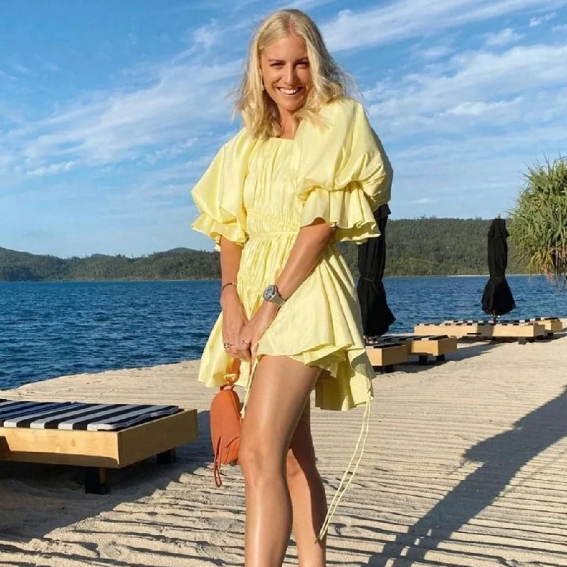 BerryBetty - Cute Puff Sleeve Tied Ruffle Babydoll Mini Dress - Yellow Classic Casual Mini Dress BerryBetty - Cute Puff Sleeve Tied Ruffle Babydoll Mini Dress - Yellow Classic Casual Mini Dress