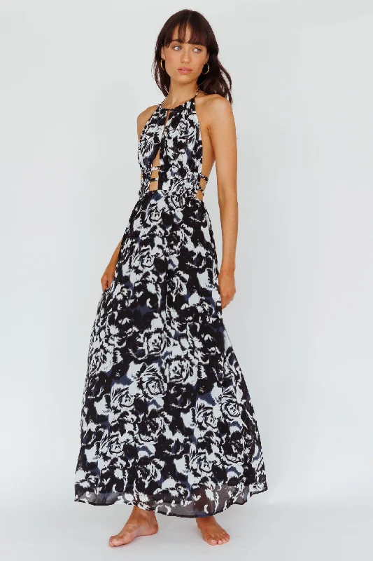 Cyndi Open Back Halterneck Maxi Dress Floral Black Stylish Boho Chic Maxi Dress