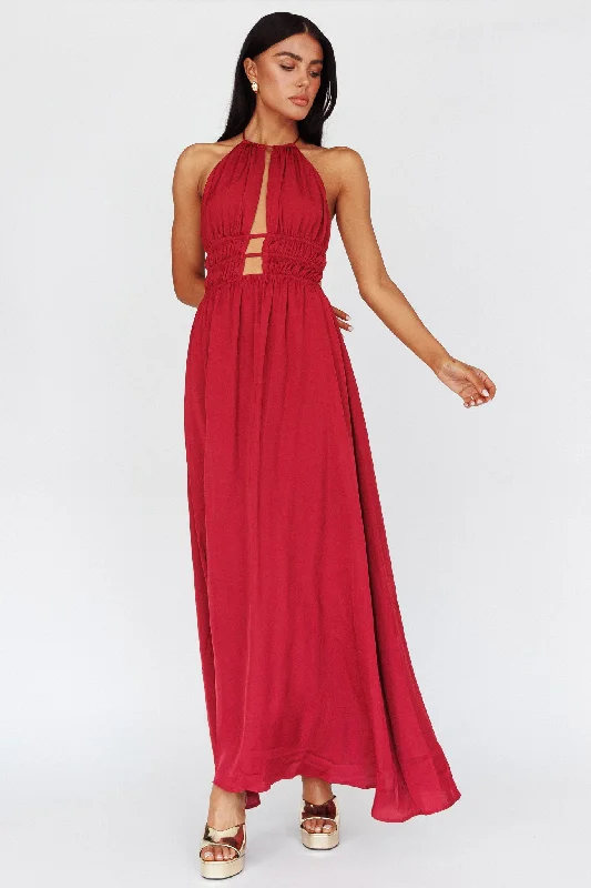 Cyndi Open Back Halterneck Maxi Dress Wine Elegant Boho Maxi Dress