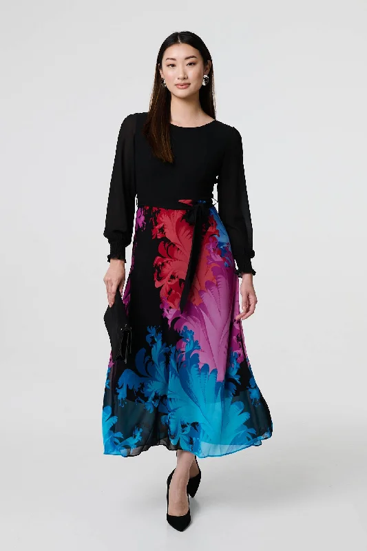 Floral Contrast Print Tie Waist Midi Dress Cozy Midi Dress with Pockets
