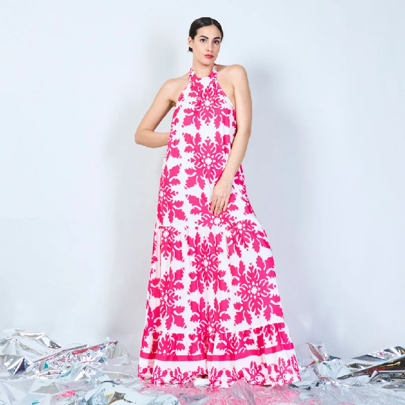 Damask print halter maxi dress wholesale Elegant Maxi Dress with Drapes