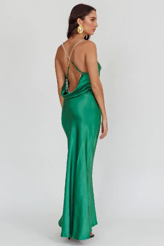 Danijela Cowl Neck Pearl Satin Maxi Dress Emerald Cozy Cold-Shoulder Maxi Dress