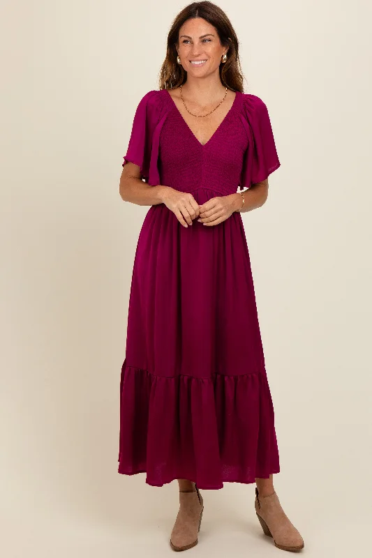 Deep Red Satin Smocked Midi Dress Comfortable Deep V Midi Dress