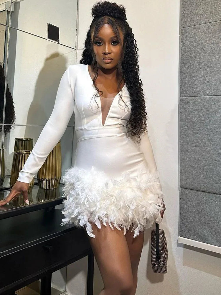 Deep V Neck Feathers Patchwork Sexy Bodycon Party Prom Mini Dress Fashionable Button-Front Mini Dress