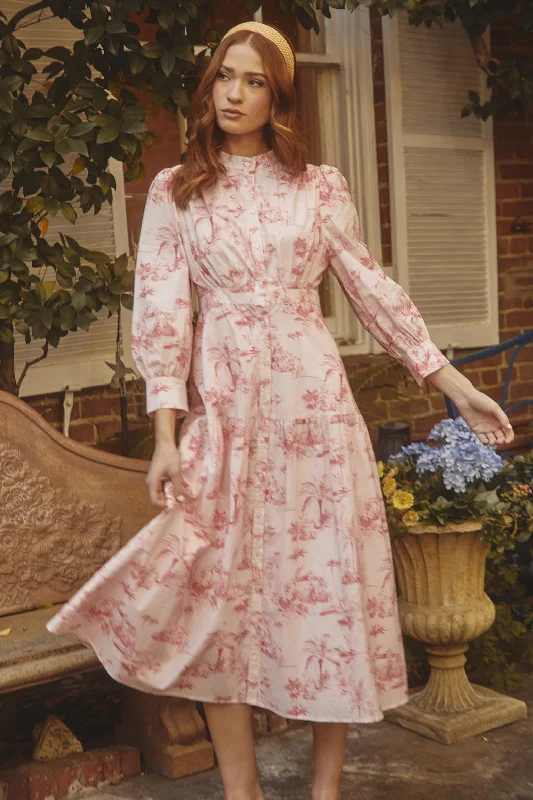 Del Rey Toile Button Up Midi Dress Trendy Smocked Waist Midi Dress