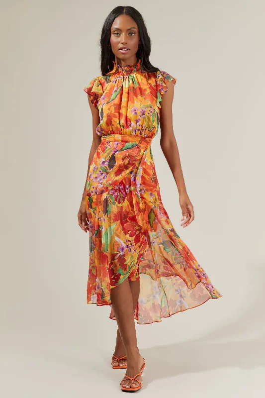 Delilah Floral Blouson Drape Tiered Midi Dress Trendy Shift Midi Dress