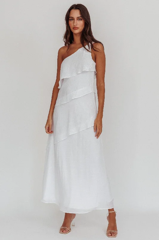 Delwyn One-Shoulder Maxi Dress White Stylish Pleated A-Line Maxi Dress