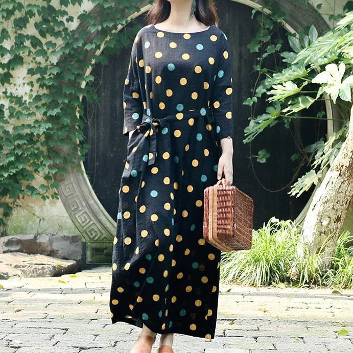 Diy O Neck Three Quarter Sleeve Cotton Linen Clothes For Women Fine Work Outfits Black Dotted Maxi Dress Summer ( Limited Stock) Comfortable Flowy Maxi Dress