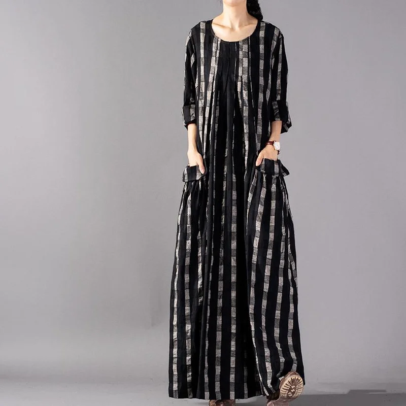 DIY o neck wrinkled linen dresses plus size Shirts black Plaid Maxi Dress spring Fashionable Layered Maxi Dress