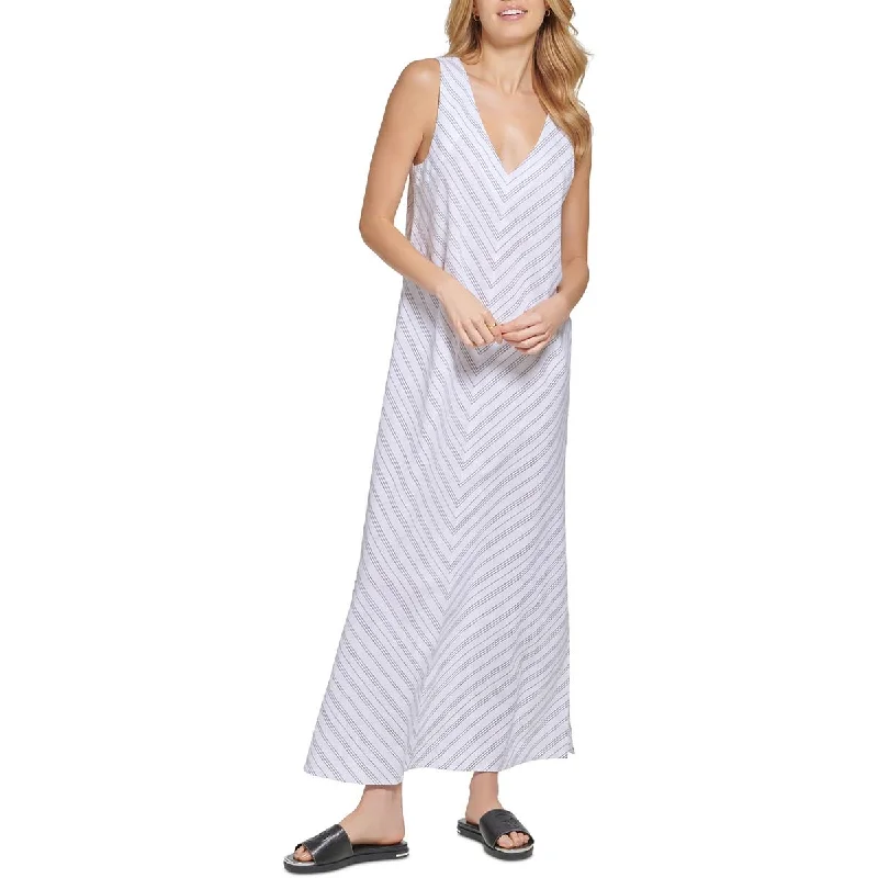 DKNY Womens Linen V Neck Maxi Dress Fashionable High-Low Maxi Dress