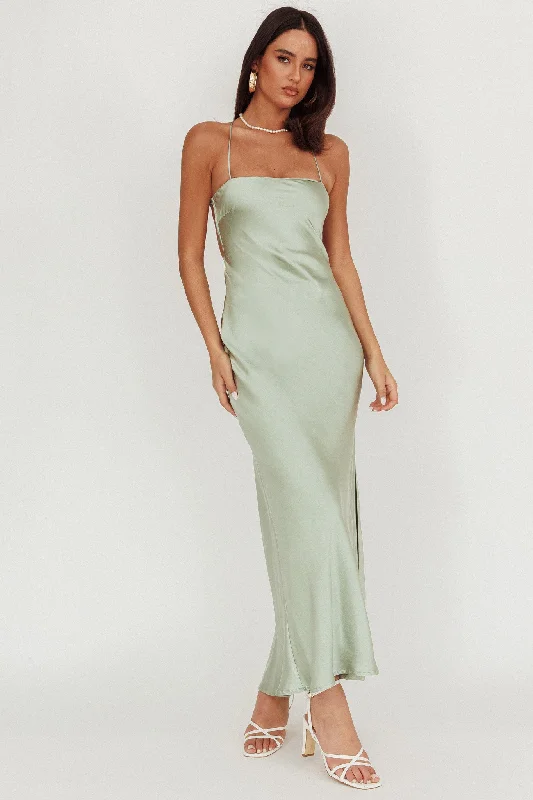 Dolce Life Backless Satin Maxi Dress Sage Stylish Off-Shoulder Maxi Dress