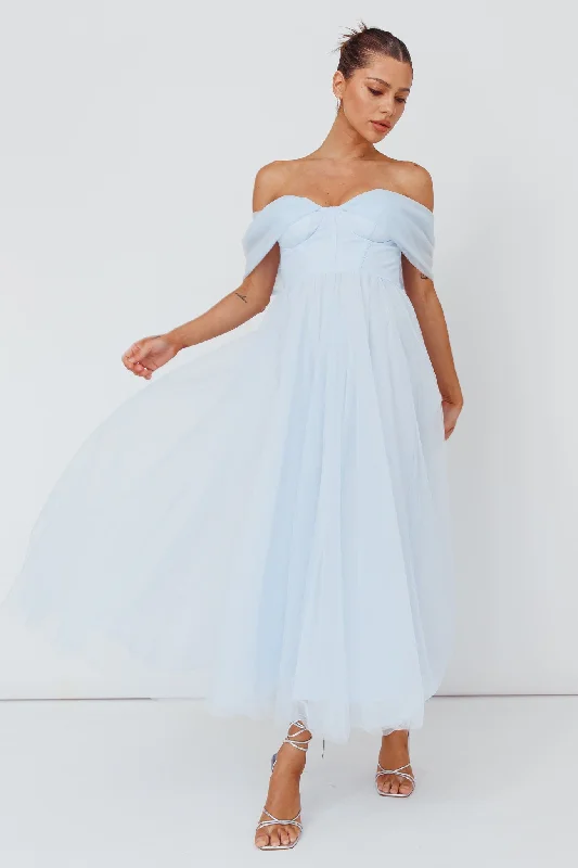 Dreamers & Lovers Off-Shoulder Maxi Dress Powder Blue Comfortable Satin Maxi Dress