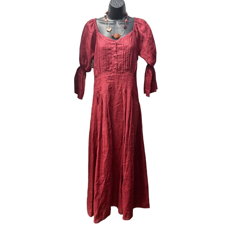 Linen Victorian Midi Dress By Rose & Linen In Red, Size: M Trendy Long Sleeve Midi Dress