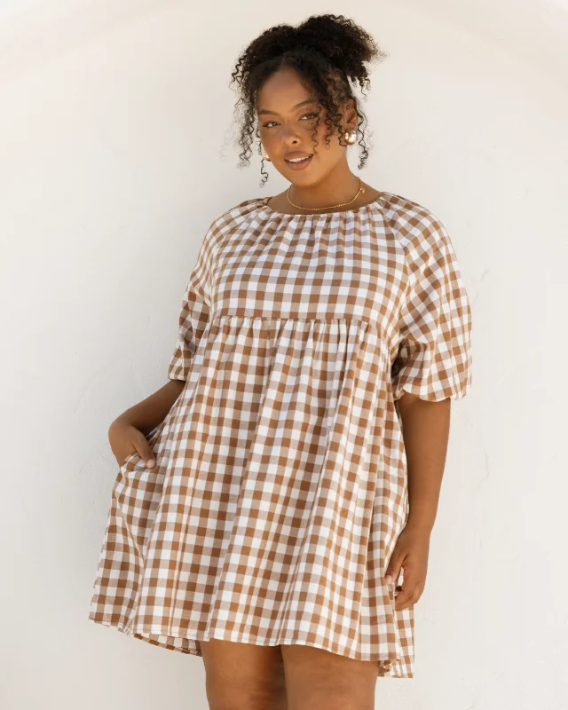 Edie Mini Dress | Brown Gingham Comfortable One-Shoulder Mini Dress