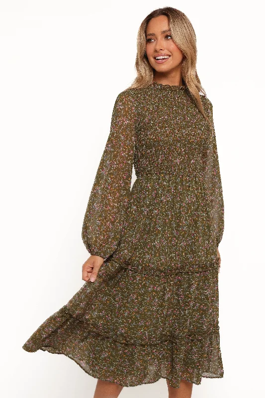 Edwina Shirred Frill Long Sleeve Midi Dress - Olive Floral Elegant Puff Sleeve Midi Dress