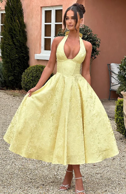 Effie Midi Dress - Lemon Elegant Pleated Sleeve Midi Dress