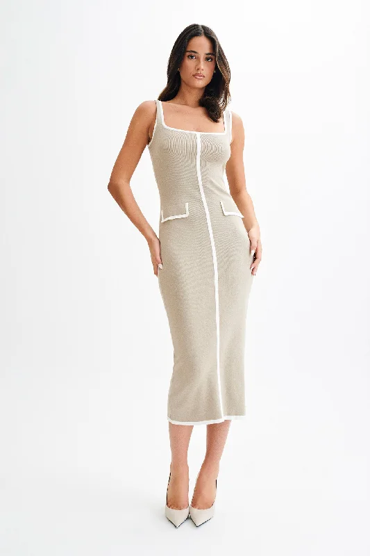Eimear Contrast Knit Midi Dress - Taupe & Ivory Stylish High-Waisted Midi Dress