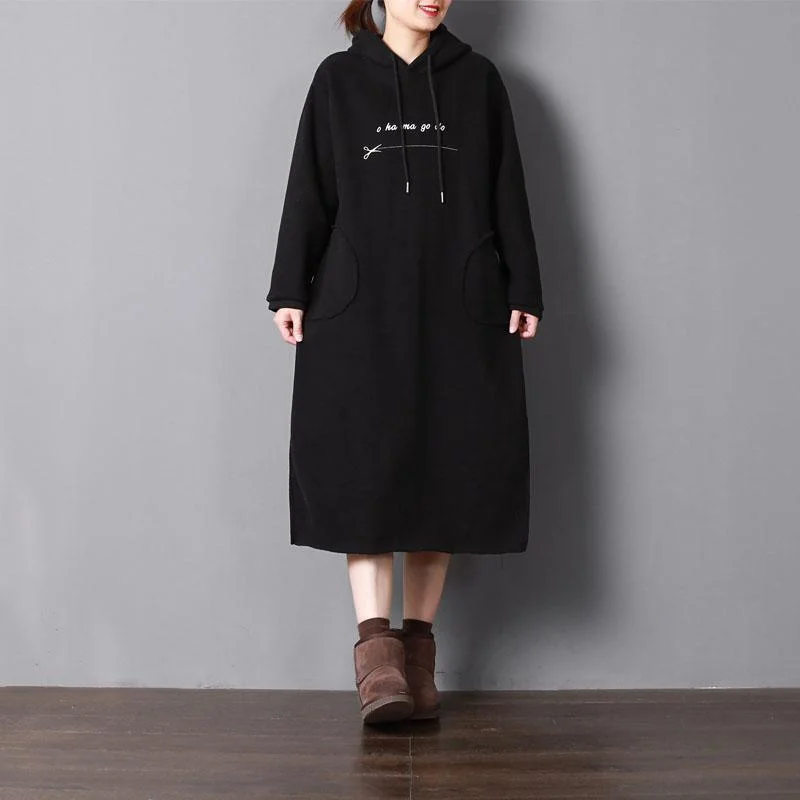 Elegant black cotton dresses plus size maxi dresses hooded drawstring cotton clothing pockets dresses Fashionable Sleeveless Maxi Dress