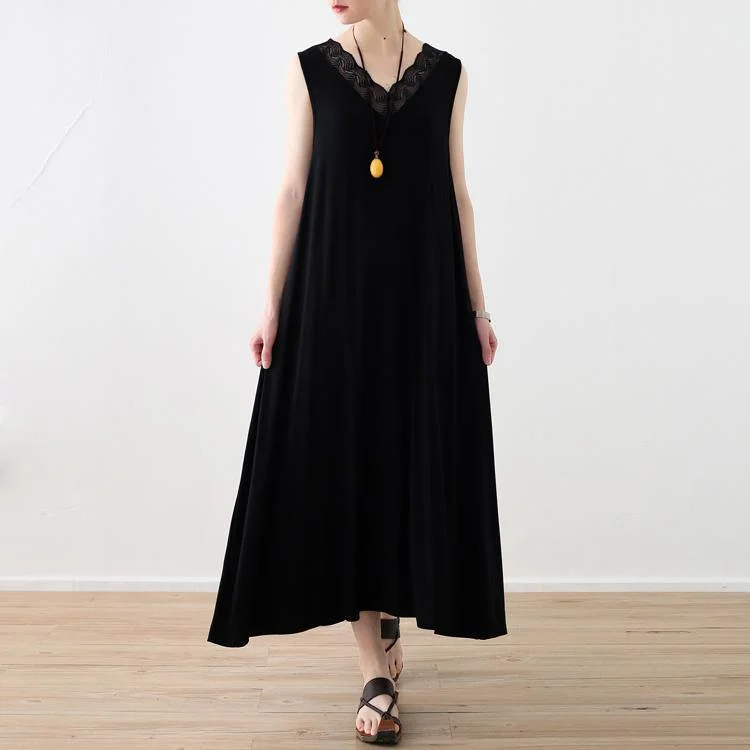 Elegant black natural cotton dress  oversized v neck cotton gown Elegant sleeveless maxi dresses Chic Button-Up Maxi Dress