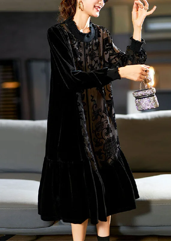 Elegant Black O-Neck Embroideried Patchwork Silk Velour Maxi Dress Long Sleeve Trendy Floral Print Maxi Dress