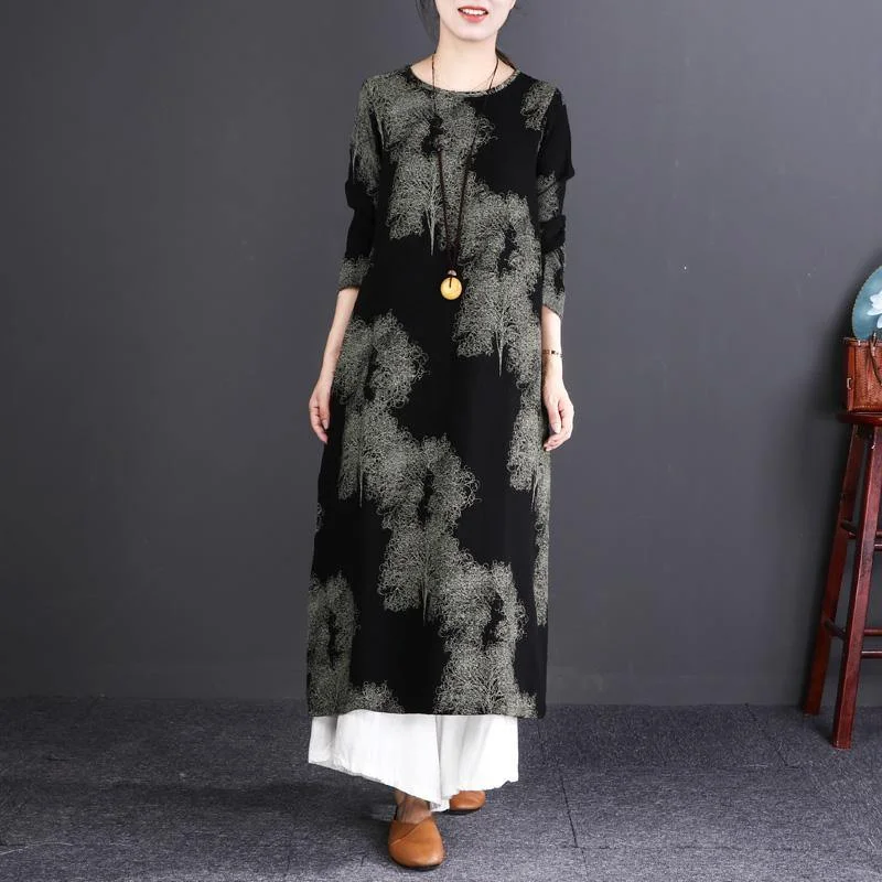 Elegant black print long cotton linen dresses trendy plus size O neck baggy dresses casual long sleeve pockets maxi dresses Fashionable Button-Down Maxi Dress