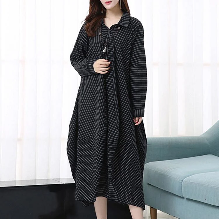 Elegant black striped maxi dress Loose fitting lapel gown casual asymmetric kaftans Fashionable High-Waist Maxi Dress