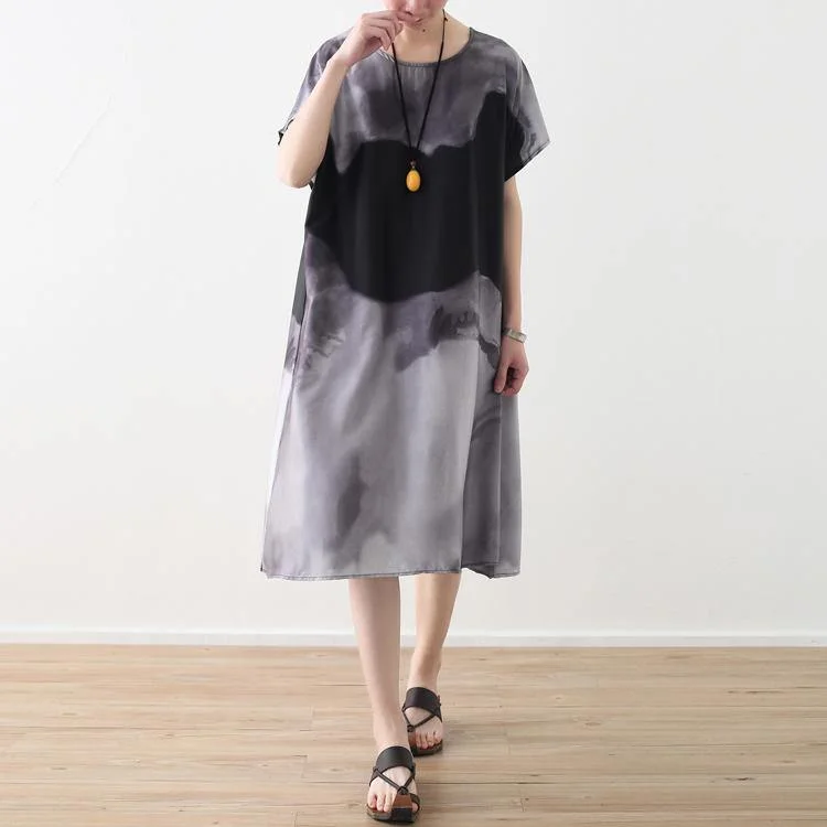 Elegant gray natural chiffon dress  Loose fitting prints o neck chiffon maxi dress women short sleeve dresses Trendy Maxi Dress with Straps