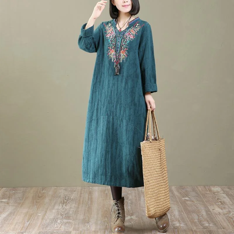 Elegant green cotton maxi dress casual embroidery cotton clothing dresses New patchwork o neck cotton caftans Trendy Fit-and-Flare Maxi Dress