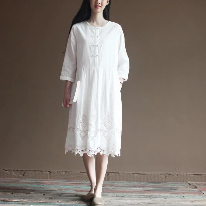 Elegant lace patchwrok white cotton dresses long sleeve maxi dress plus size cotton clothing Cozy Maxi Dress with Slit