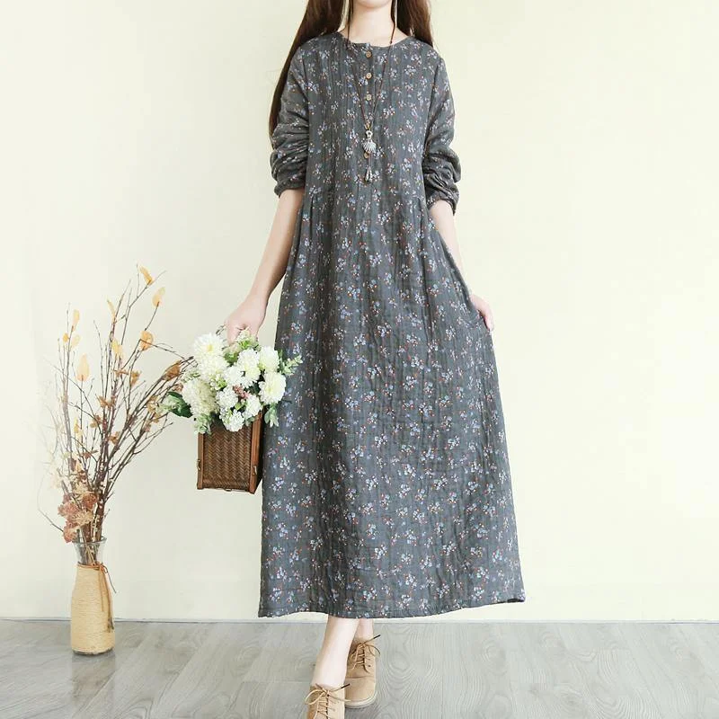 Elegant o neck Button Down cotton quilting clothes Metropolitan Museum Catwalk gray floral Maxi Dress Comfortable Bohemian Maxi Dress