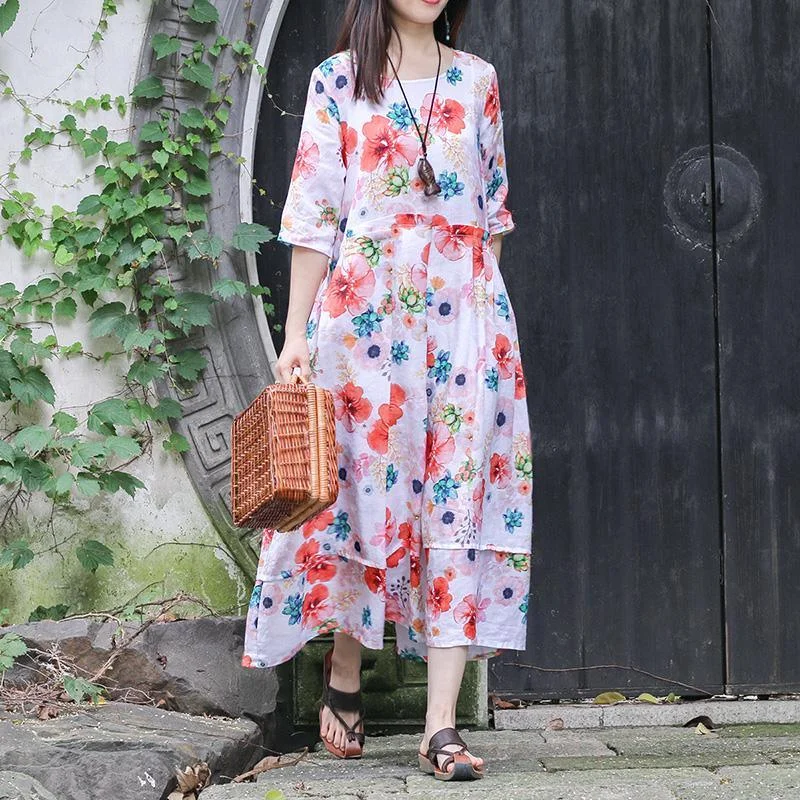 Elegant o neck wrinkled cotton linen clothes Omychic Inspiration white print Maxi Dress Summer Elegant Pleated Maxi Dress