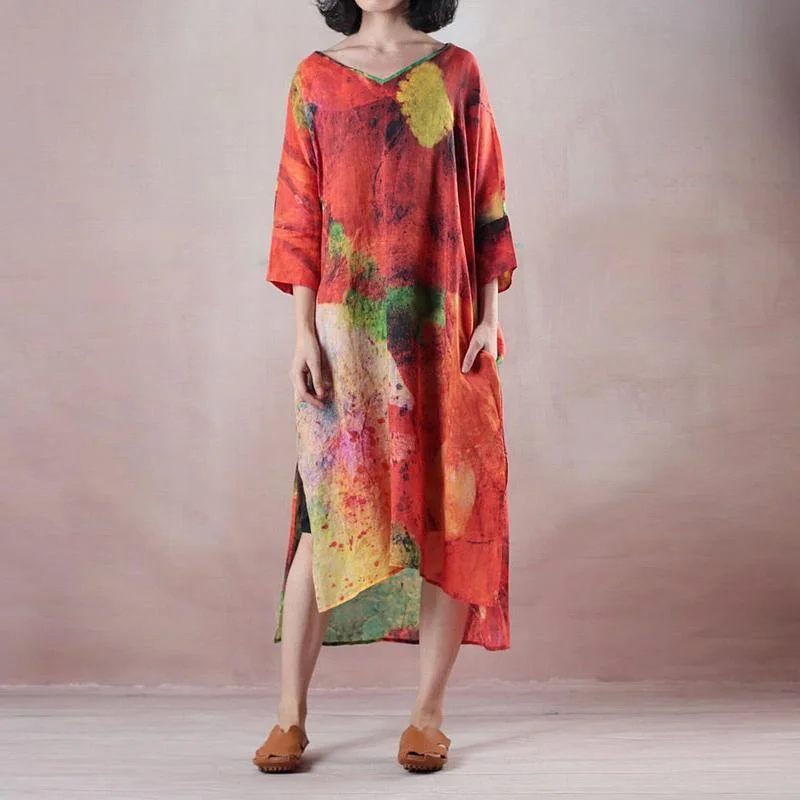 Elegant Orange Natural Cotton Linen Dress Plus Size Clothing V Neck Side Open Print Gown Top Quality Three Quarter Sleeve Maxi Dresses Cozy Longline Maxi Dress Elegant Orange Natural Cotton Linen Dress Plus Size Clothing V Neck Side Open Print Gown Top Quality Three Quarter Sleeve Maxi Dresses Cozy Longline Maxi Dress