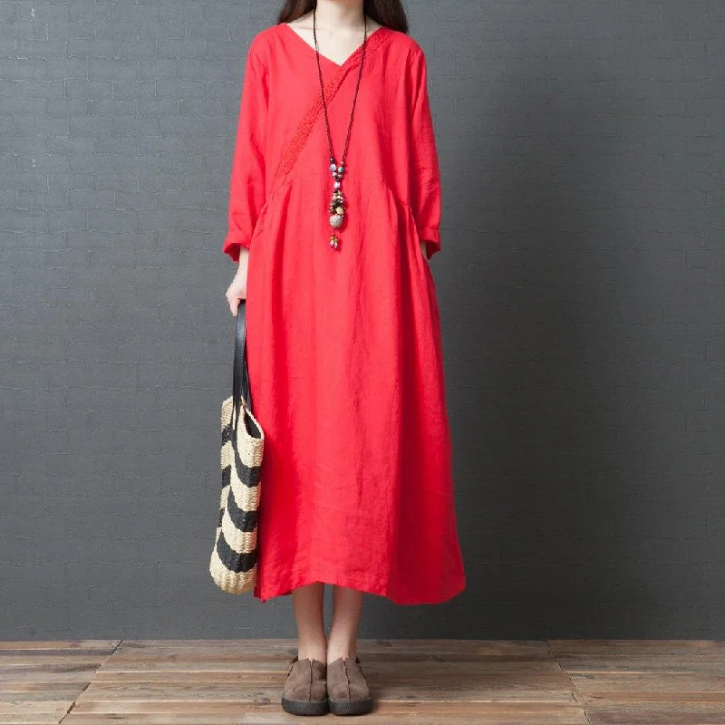 Elegant red linen dresses plus size Work Outfits v neck pockets Maxi Dresses Cozy Open-Back Maxi Dress