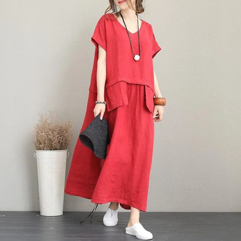 Elegant red linen oversized v neck short sleeve casual pockets baggy dresses maxi dresses Chic Off-Shoulder Maxi Dress