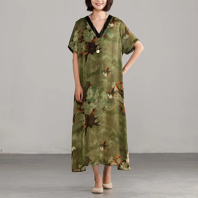 Elegant silk blended maxi dress trendy plus size Green V neck Printing Loose Casual Dress Trendy V-Neck Maxi Dress