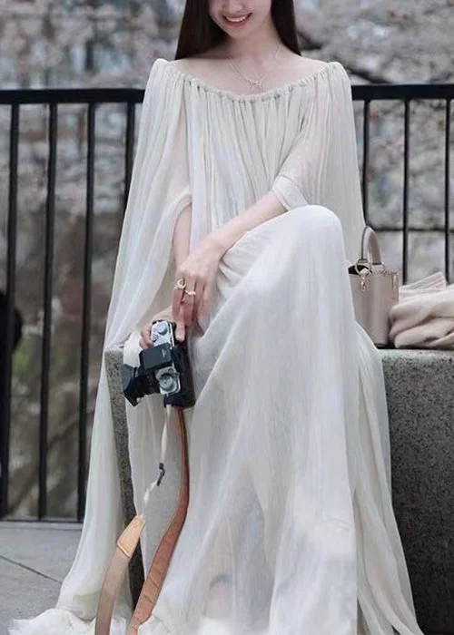 Elegant White Slash Neck Wrinkled Cotton Maxi Dress Sleeveless KK086 Comfortable Flowy Maxi Dress