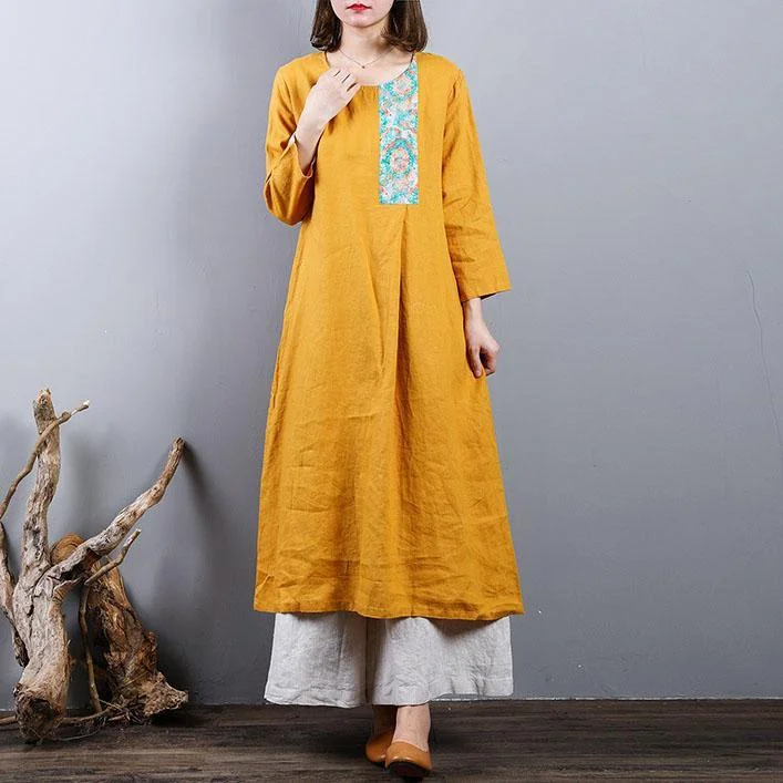 Elegant yellow  pure linen dresses   plus size linen maxi dress o neck top quality patchwork cotton dress Fashionable Chiffon Maxi Dress