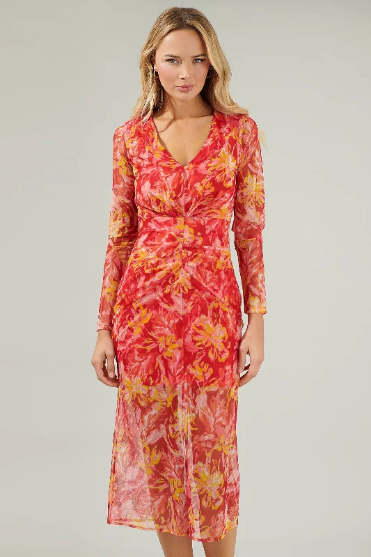 Elmira Floral Mesh Midi Dress Elegant Satin Button Midi Dress