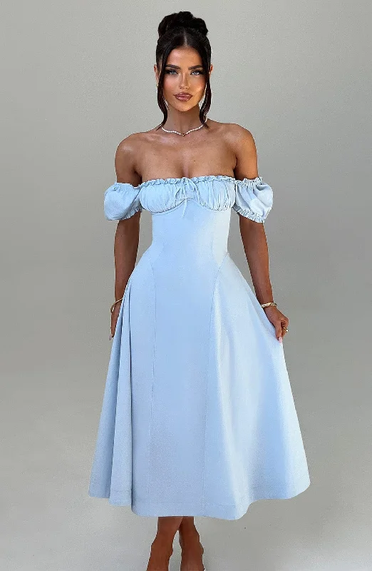 Elora Midi Dress - Blue Stylish Pleated Skirt Midi Dress