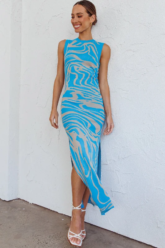 Elsinore Sleeveless Knit Maxi Dress Blue Trendy Off-Shoulder Ruffle Maxi Dress